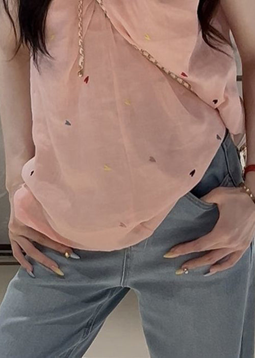 Pink V Neck Print Cotton Shirt Sleeveless