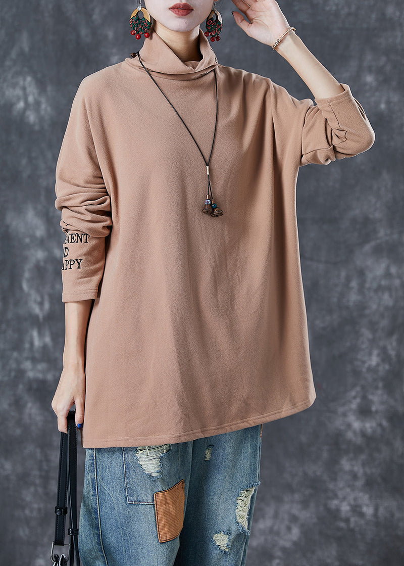 Khaki Turtle Neck Letter Embroideried Velour Tops Fall