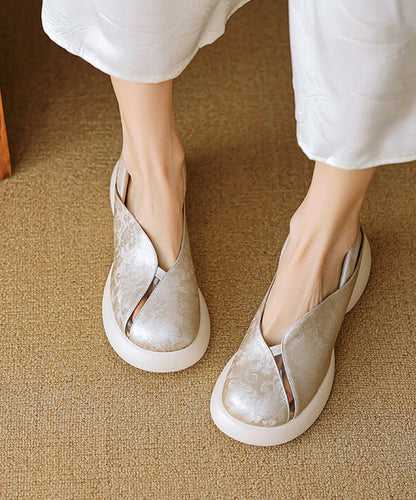 Comfy Splicing Chunky Sandals Champagne Cowhide Leather Hollow Out