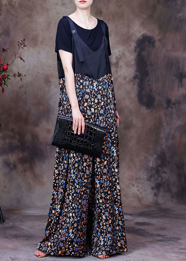 Black Patchwork Print Pockets Silk Overalls Jumpsuit Two Pieces Set Summer