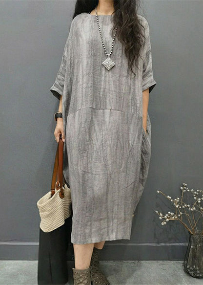 Grey O-neck Wrinkled Side Open Linen Long Dress Batwing Sleeve