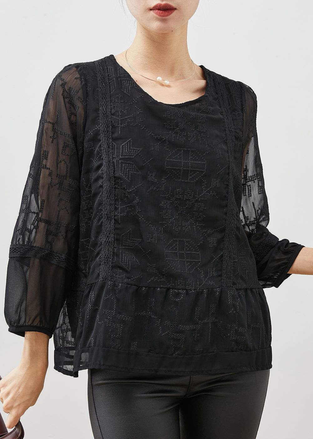 Black Embroidered Tulle Blouse Top Bracelet Sleeve