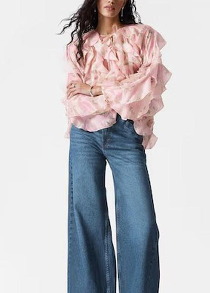 Pink Ruffled Patchwork Chiffon Shirt Tops Fall