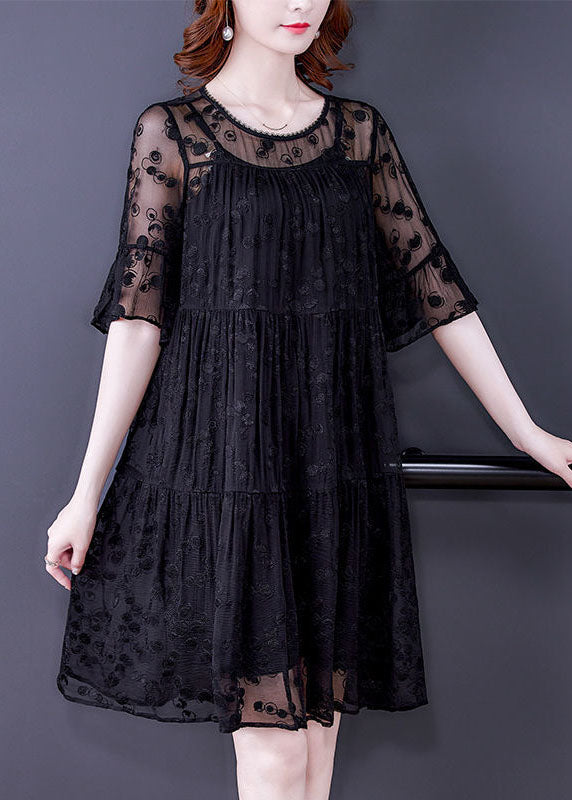 Fine Black O-neck Embroideried Wrinkled Tulle Dress Two Pieces Set Summer