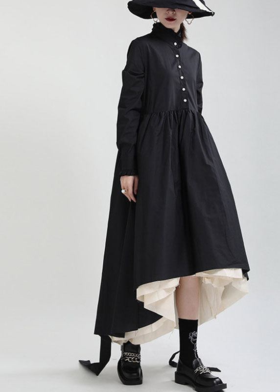 Black Button Patchwork Asymmetrical Design Fall Dresses Long Sleeve