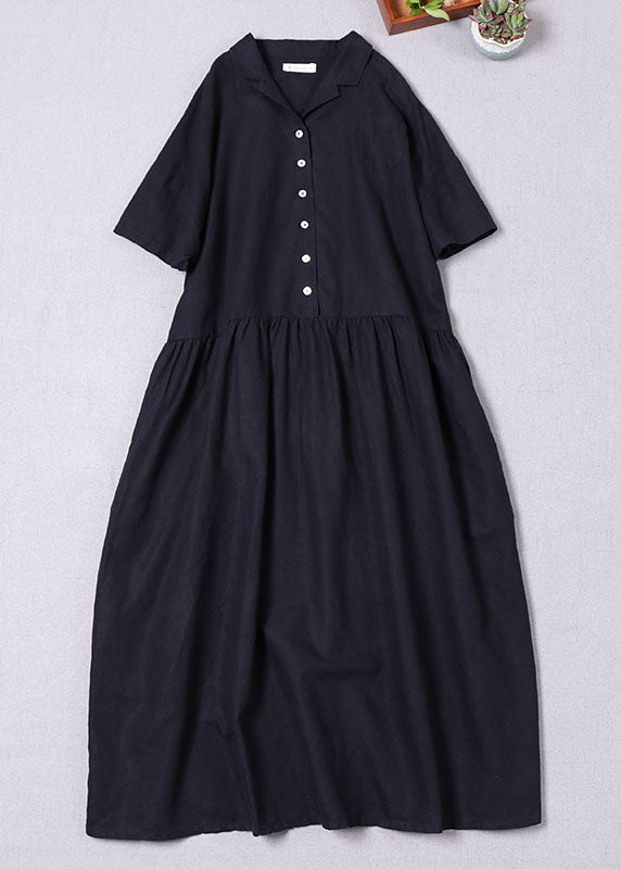 Navy Button Wrinkled Dresses Spring