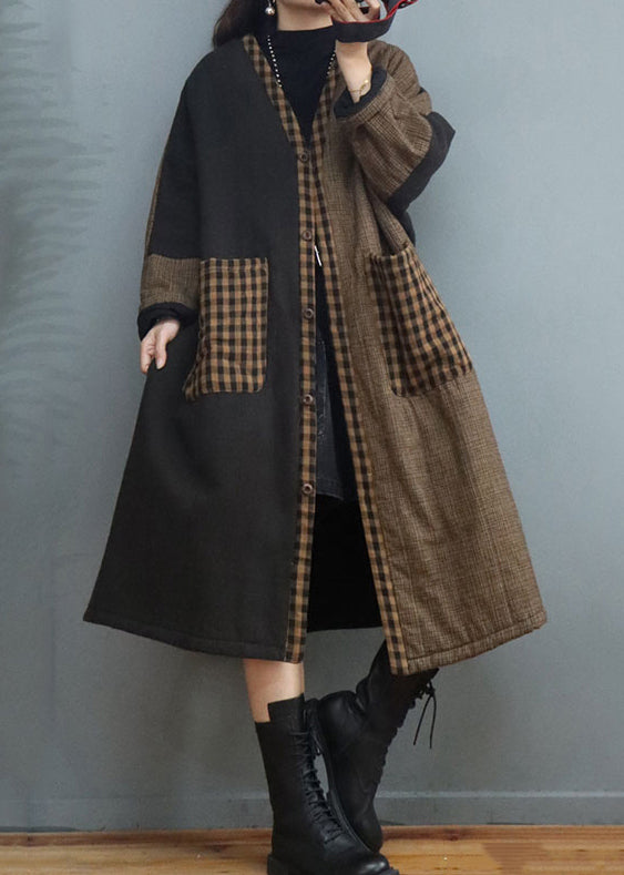 Coffee Plaid Pockets Patchwork Thick Long Coat Fall