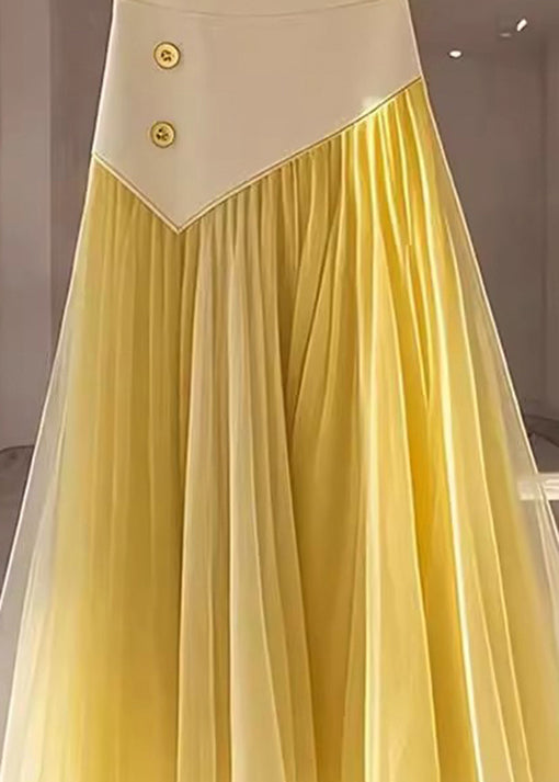 Yellow High Waist Wrinkled Patchwork Tulle Skirt Fall