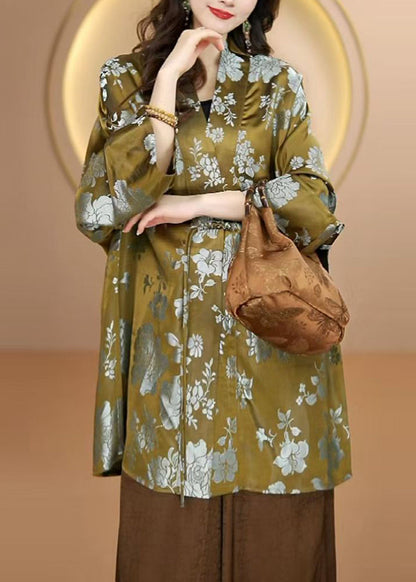Green V Neck Button Print Silk Shirts Top Fall