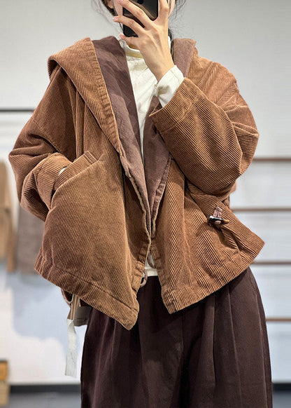 Chocolate Hooded Oversized Pockets Corduroy Coat Spring