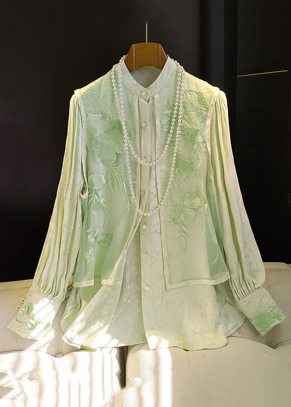 Orange Embroideried Patchwork False Two Pieces Silk Cotton Blouse Fall