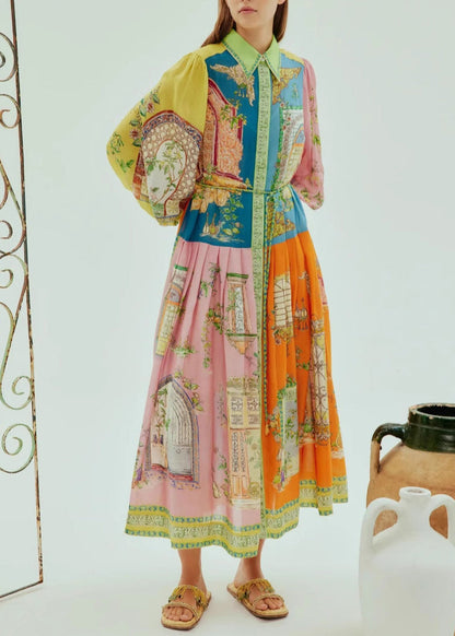 Lantern Sleeve Graffiti Printed Wrinkled Lace Up Dress Spring