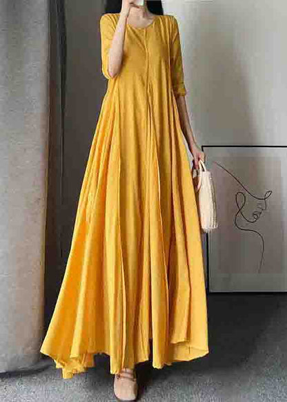 New Yellow O Neck Wrinkled Patchwork Cotton Exra Large Hem Dress Fall