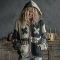 Halloween Spooky Face Patchwork Art Cozy Knit Hooded Cardigan artswardrobe