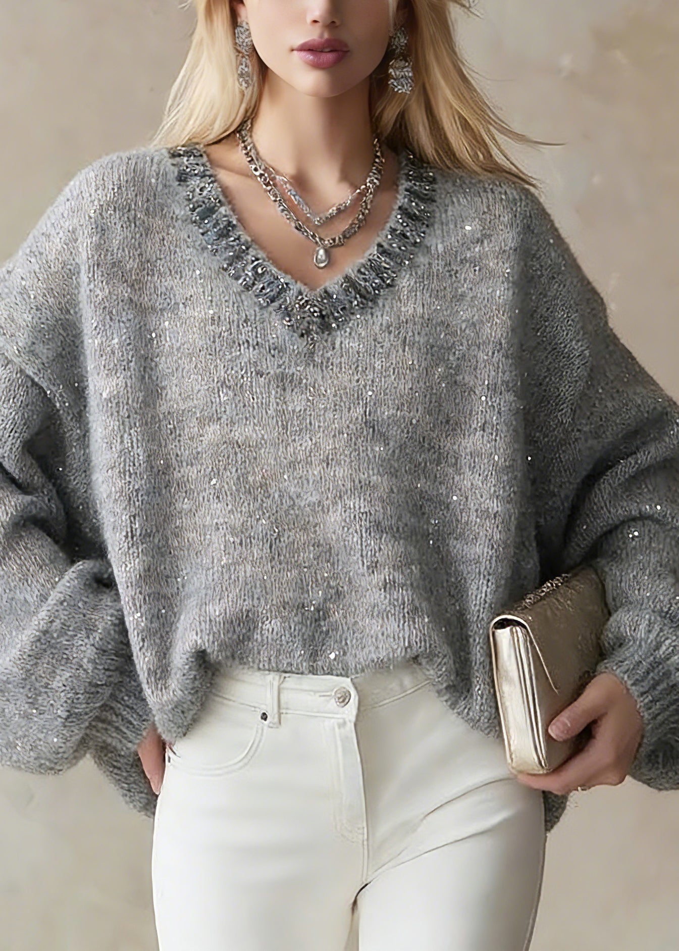 Organic Grey V Neck Zircon Cotton Knit Short Sweater Lantern Sleeve