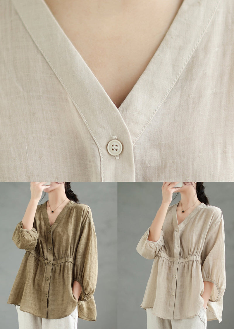Loose Coffee Button Linen Shirt Bracelet Sleeve