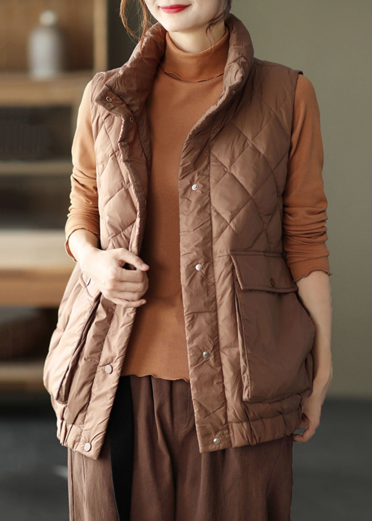 Coffee Stand Collar Pockets Patchwork Duck Down Waistcoat Sleeveless