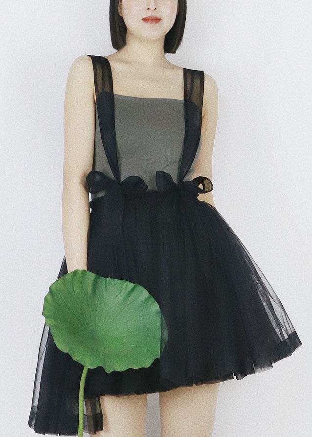Black Tulle Strap Short Dress Color Elastic Waist Summer
