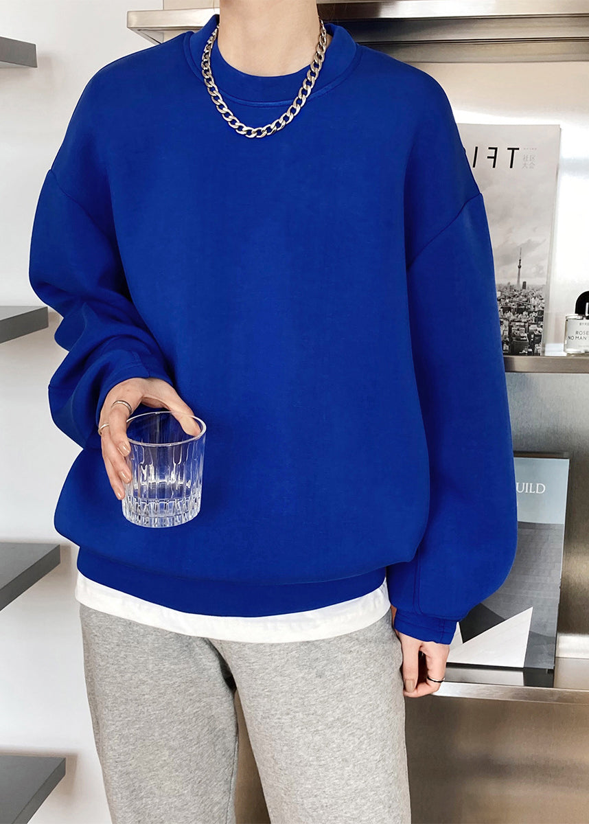 Blue O Neck Patchwork Cotton Sweatshirts Top Fall