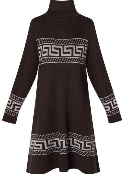 Chocolate Print Long a Line Dress Turtle Neck Long Sleeve