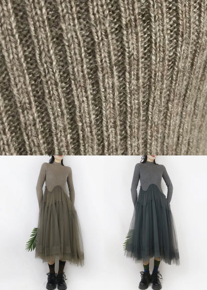 Art Dark Gray Asymmetrical Tulle Patchwork Sweater Dress Spring