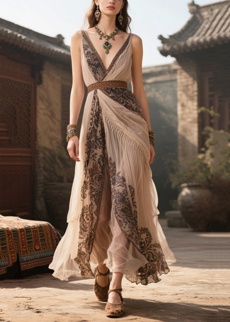 Apricot V Neck Print Chiffon Cami Dress Summer