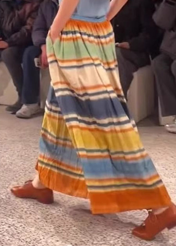 Stylish Rainbow Striped Pockets Elastic a Line Waist Skirts