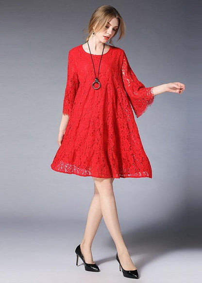 Loose Red Wrinkled Spring Half Sleeve Dresses