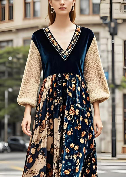 V Neck Patchwork Print Silk Velour Maxi Dresses Spring
