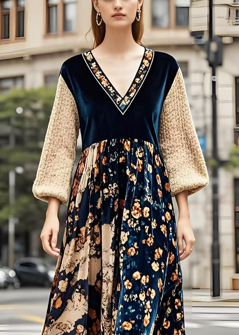 V Neck Patchwork Print Silk Velour Maxi Dresses Spring