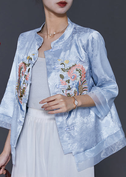 Blue Embroidered Patchwork Oriental Silk Blouses Spring