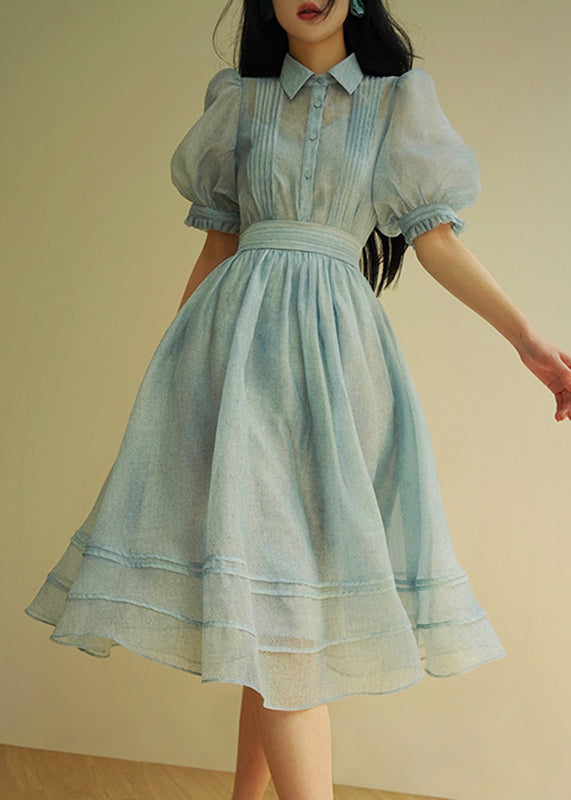 Natural Blue Peter Pan Collar Striped Button Tulle Shirts and Skirts Two Piece Set Summer