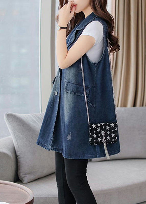 Blue Notched Patchwork Button Denim Waistcoat Fall
