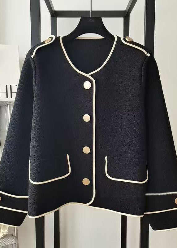 Beige O Neck Pockets Woolen Short Coat Fall