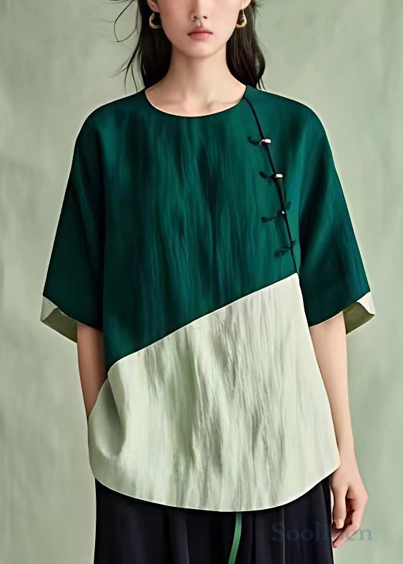 Blackish Green O Neck Button Cotton Shirt Half Sleeve