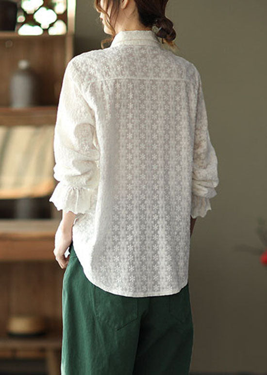 Classy White Peter Pan Collar Embroideried Cotton Shirts Top Long Sleeve