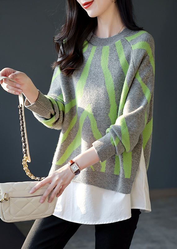 Grey O-neck Thick Striped Patchwork Fake Two Pieces Knit Sweaters Fall