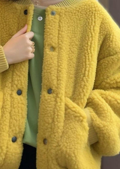 Yellow Button Pockets Teddy Faux Fur Coat Spring