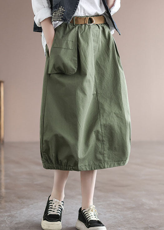 Green Patchwork Cotton Skirt High Waist Pockets Summer