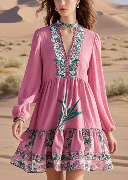 Diy Pink V Neck Print Cotton Work Dress Fall