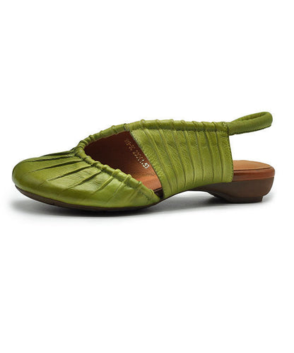 Hollow Out Splicing Chunky Flat Sandals Green Cowhide Leather