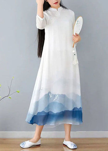 White Stand Collar Patchwork Print Silk Dress Summer
