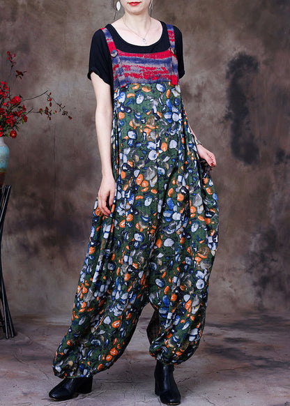 Stylish Green Patchwork Plaid Print Linen Overalls Jumpsuit and Cotton Tanks Two Piece Set Summer