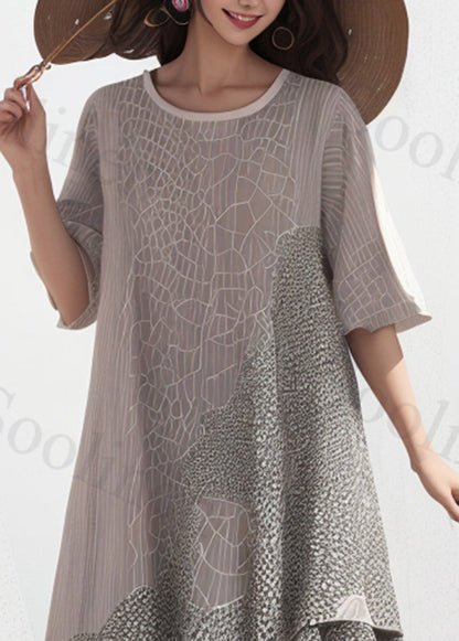 Grey Asymmetrical Print Silk Dress Summer
