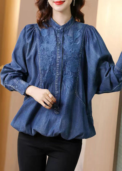 Boutique Blue Stand Collar Embroideried Patchwork Denim Top Fall