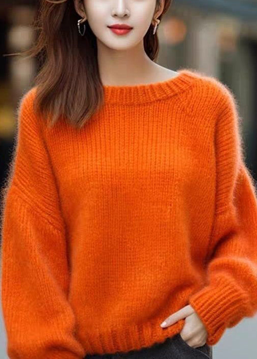 Simple Orange O Neck Cozy Cotton Knit Sweaters Long Sleeve