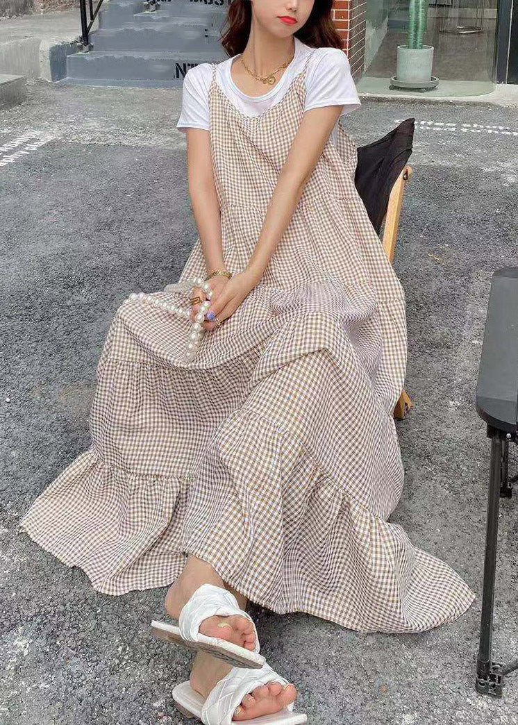 Khaki Slash Neck Plaid T Shirts and Long Dress Two Pieces Set Summer