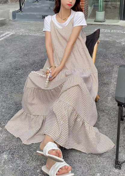 Khaki Slash Neck Plaid T Shirts and Long Dress Two Pieces Set Summer
