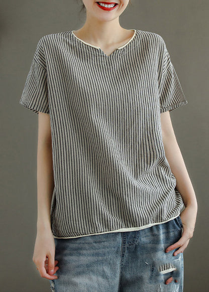 Grey V Neck Striped Patchwork Linen Tank Tops Short Sleeve