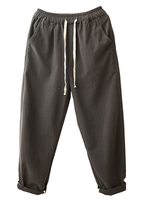 Grey Tie Waist Pockets Straight Fall Pants